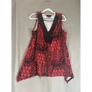 AGB Women's Red Black Geometric Print V Neck Sleeveless Tunic Top XL